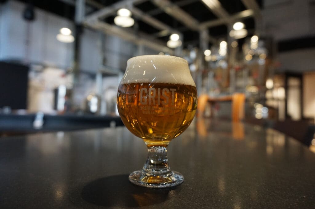 Grist glass filled with beer on a countertop