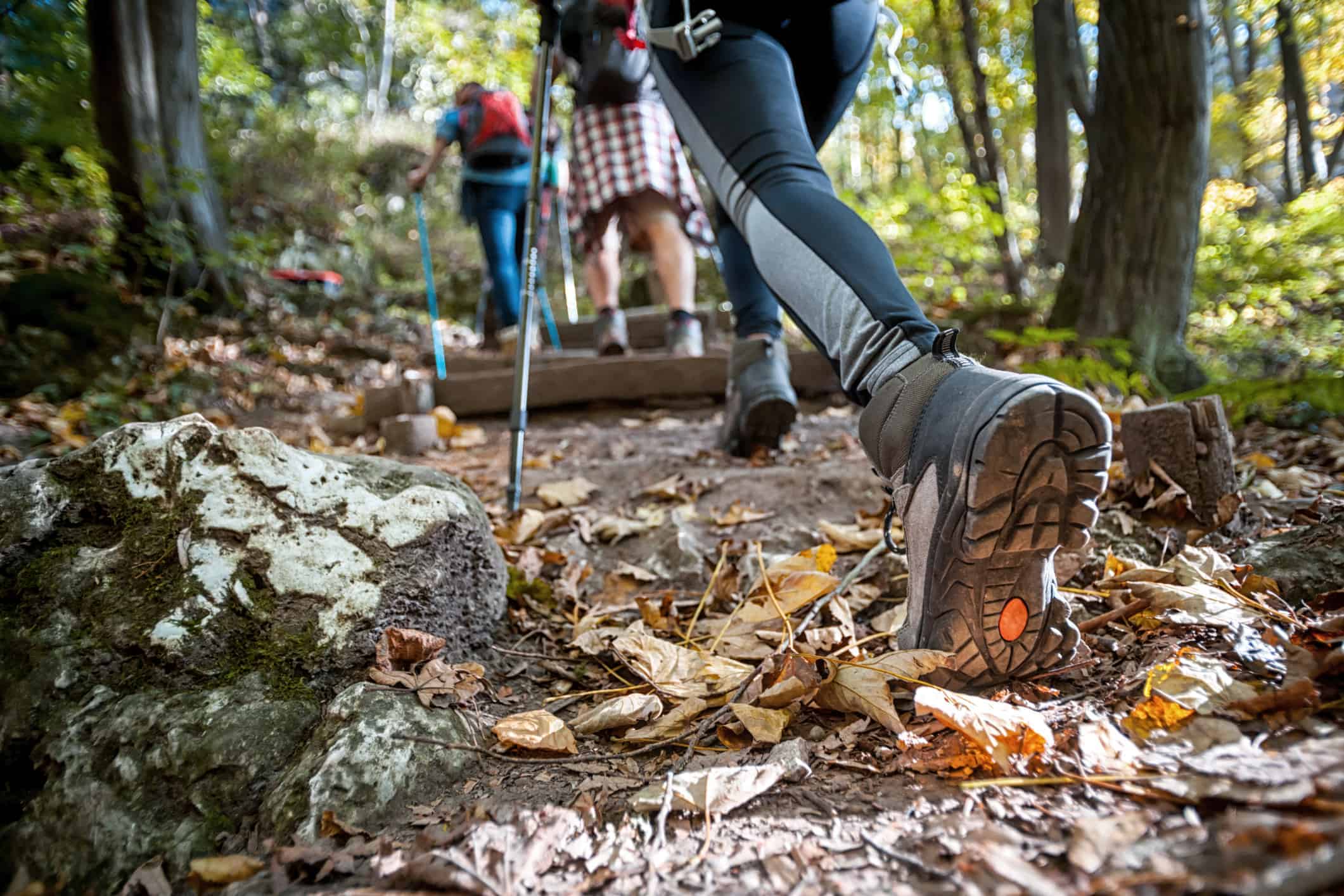 Hiker woman with trekking sticks climbs steep on mountain trail, focus on boot